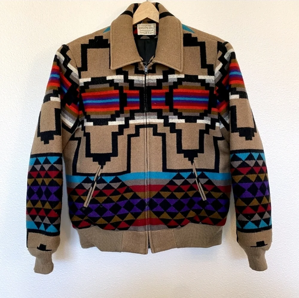 Pendleton Sophisticates Wool Navajo Bomber Beige Black Red Blue‎ Size Large